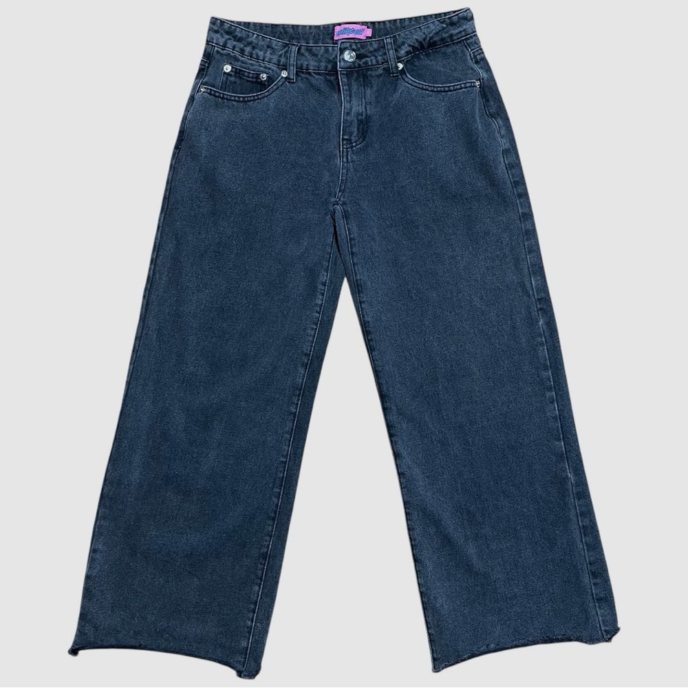 Edikted Wide Leg Raw Edge Hem Crop Jean In Faded Black Wash Sz M